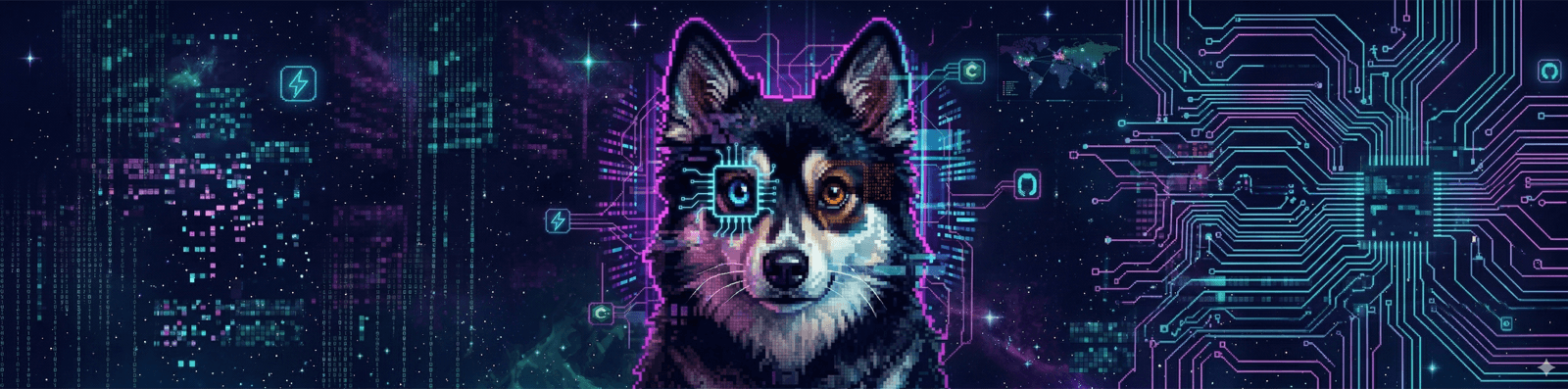 Blaisemode — cyberpunk AI dog with circuit board elements